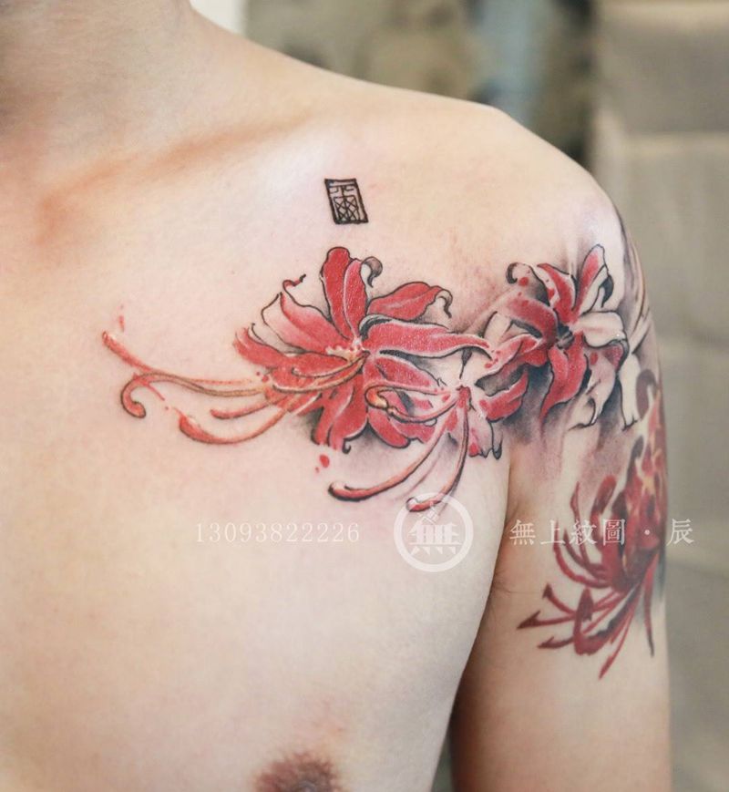 添加彼岸花纹身图片_成品胸部清新植物图腾无上纹图招生纹身图案