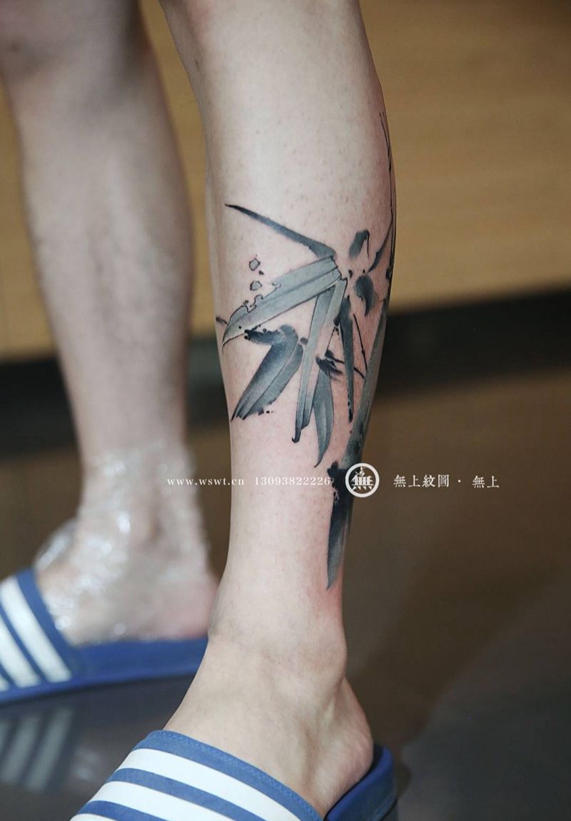 竹子纹身图片_成品腿部传统习俗植物原创无上纹图培训书法水墨纹身图案