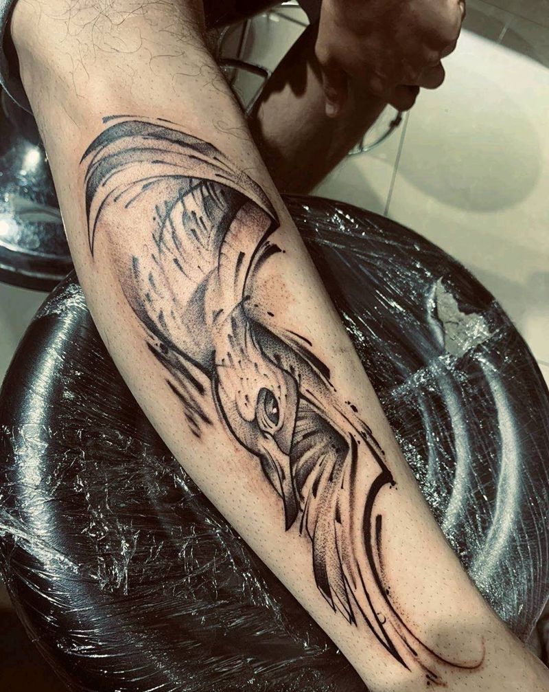 水墨  海鸥纹身图片_腿部水墨点刺纹身图案