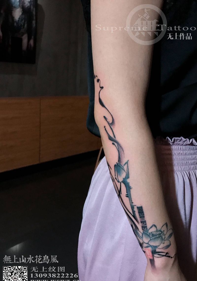 荷花添加修改作品纹身图片_成品手臂清新传统植物原创无上纹图生活图腾纹身图案