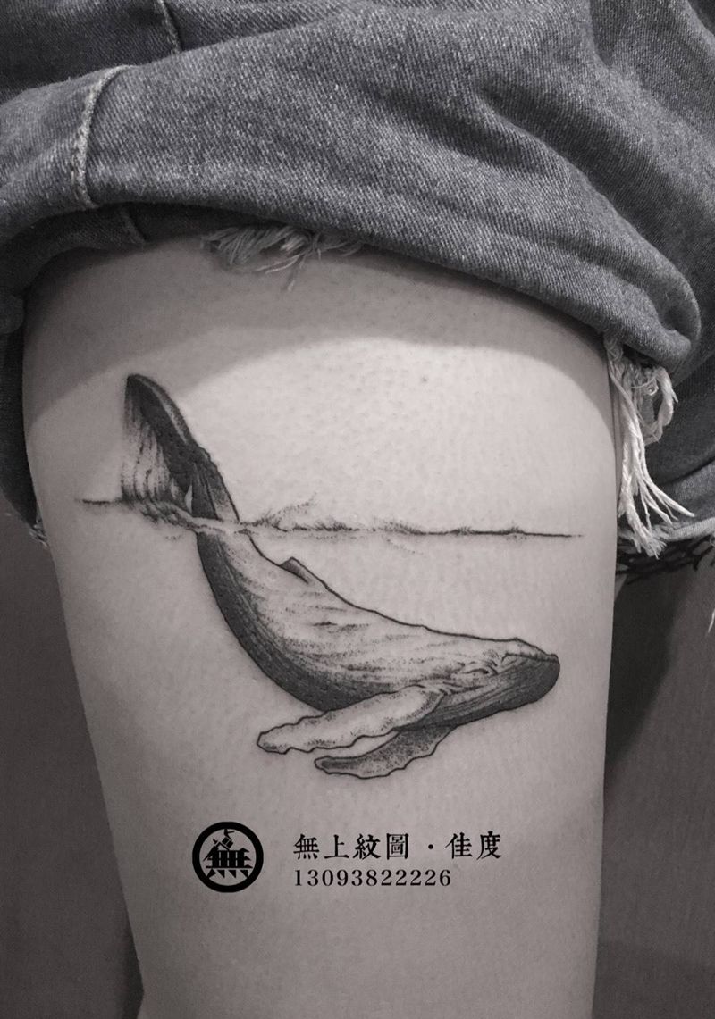 鲸鱼纹身图片_成品腿部欧美清新动物图腾无上纹图招生纹身图案