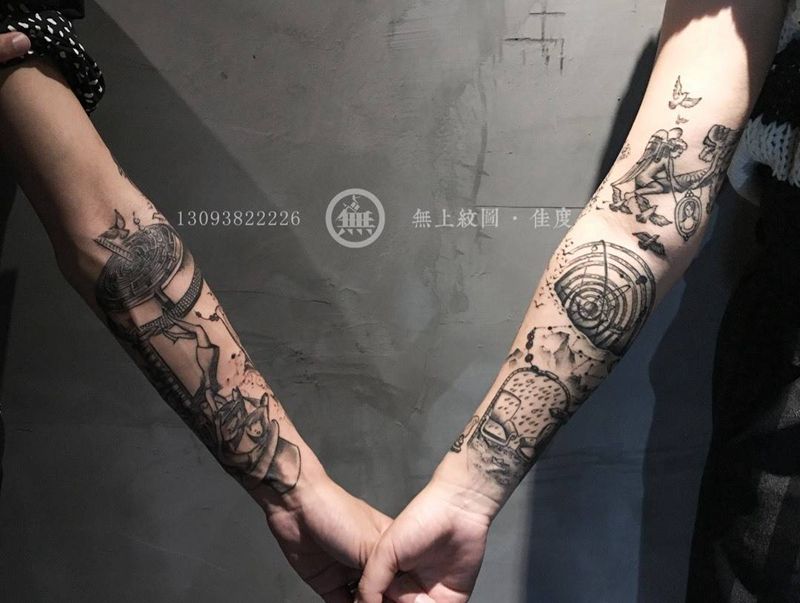 情侣花臂纹身图片_成品手臂清新欧美人物原创无上纹图生活贴纸纹身图案