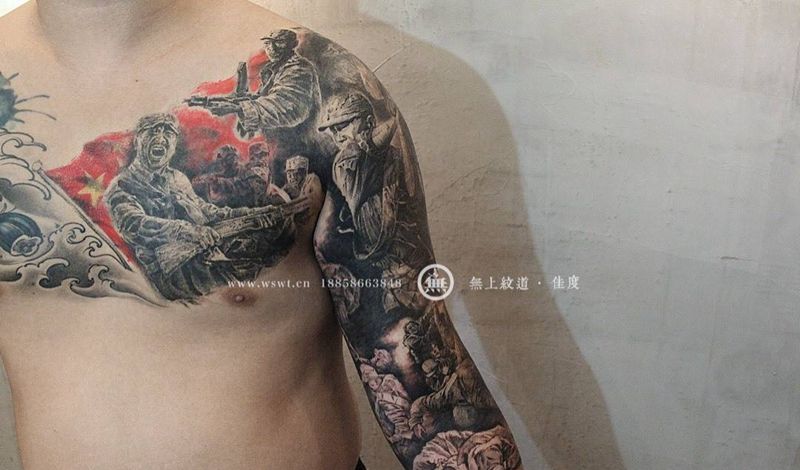 抗日战争纹身图片_成品胸部传统人物无上纹图纹身图案