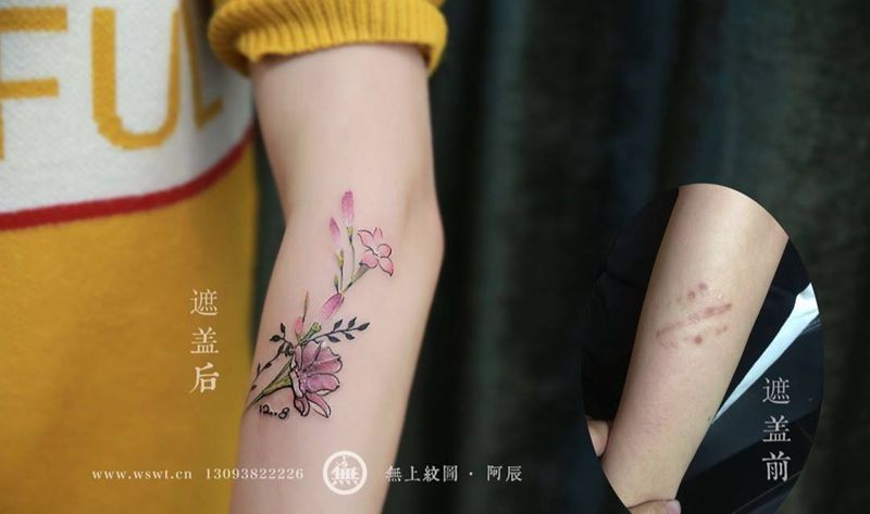 遮盖疤痕花纹身图片_成品手臂清新欧美植物图腾无上纹图招生培训学习纹身图案