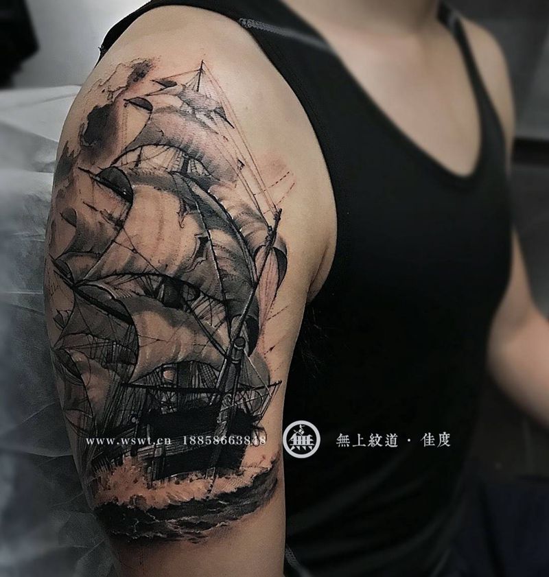 帆船纹身纹身图片_成品手臂欧美清新静物原创无上纹图招生纹身图案