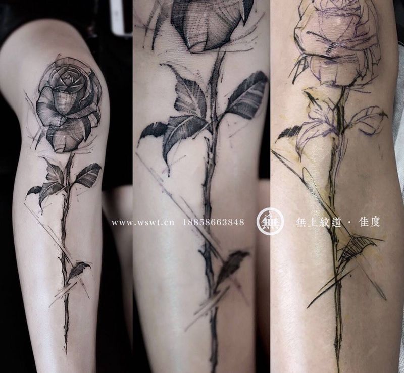 盖疤玫瑰纹身图片_成品腿部欧美清新静物图腾无上纹图招生纹身图案