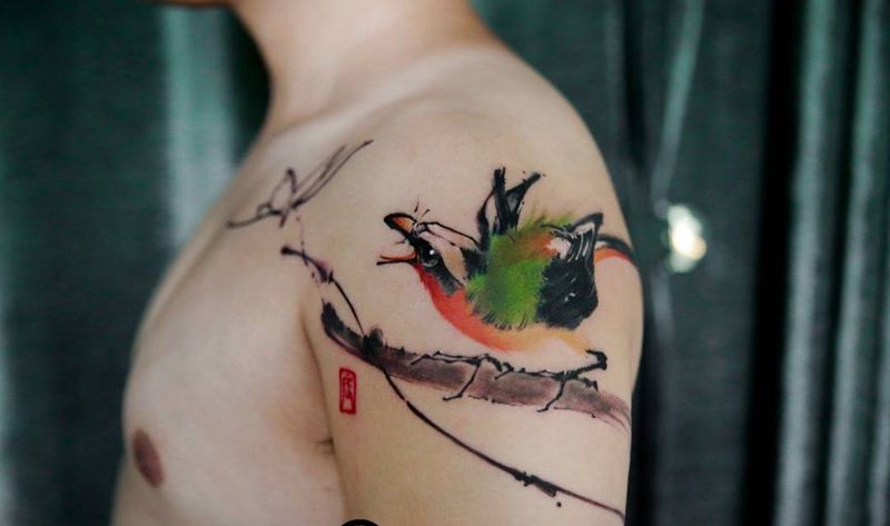 水墨花鸟纹身纹身图片_成品手臂胸部清新传统人物动物原创无上纹图招生纹身图案