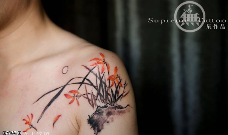 君子兰纹身图片_成品肩部手臂传统清新植物原创无上纹图生活纹身图案