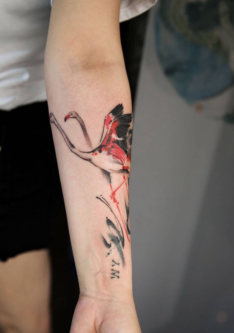 火烈鸟纹身图片_成品手臂传统肖像清新动物原创生活无上纹图招生纹身图案