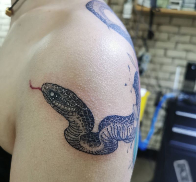 蛇添加纹身图片_肩部背部新传统纹身图案