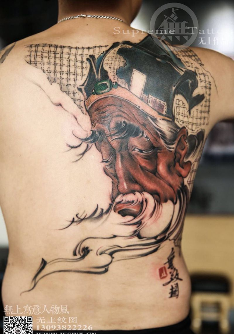 半背老者纹身图片_成品背部传统肖像清新人物原创无上纹图纹身图案