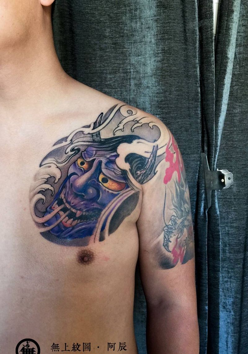 添加般若纹身图片_成品胸部传统清新图腾人物鬼神无上纹图招生纹身图案