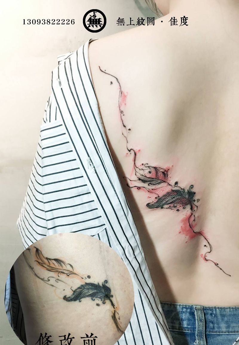 修改羽毛纹身图片_成品腰部欧美清新图腾原创无上纹图招生纹身图案