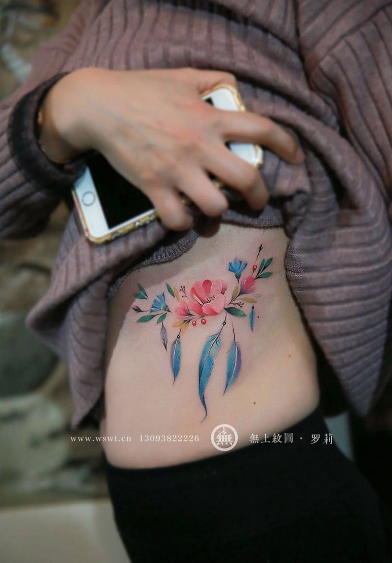 侧腰花纹身图片_成品腰部欧美清新植物静物无上纹图培训招生纹身图案