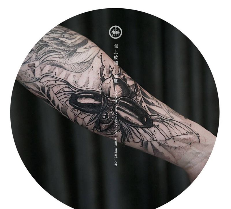 独角仙纹身图片_成品手臂欧美清新动物原创无上纹图图腾纹身图案