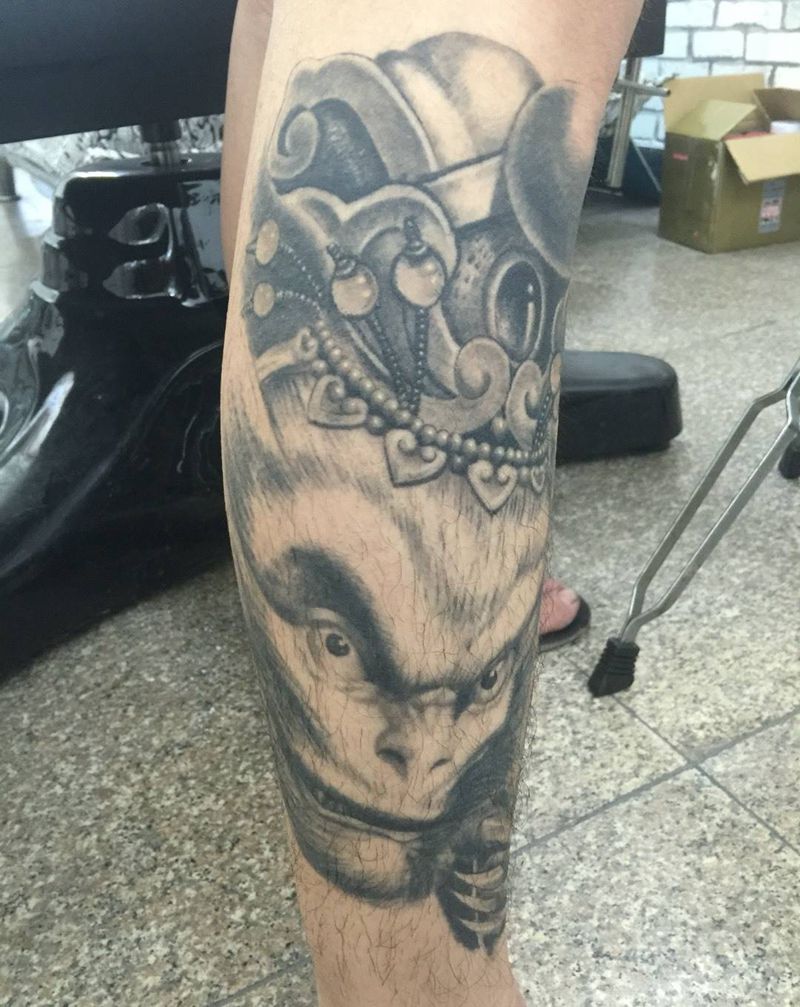空哥纹身图片_成品腿部传统写实人物鬼神纹身图案