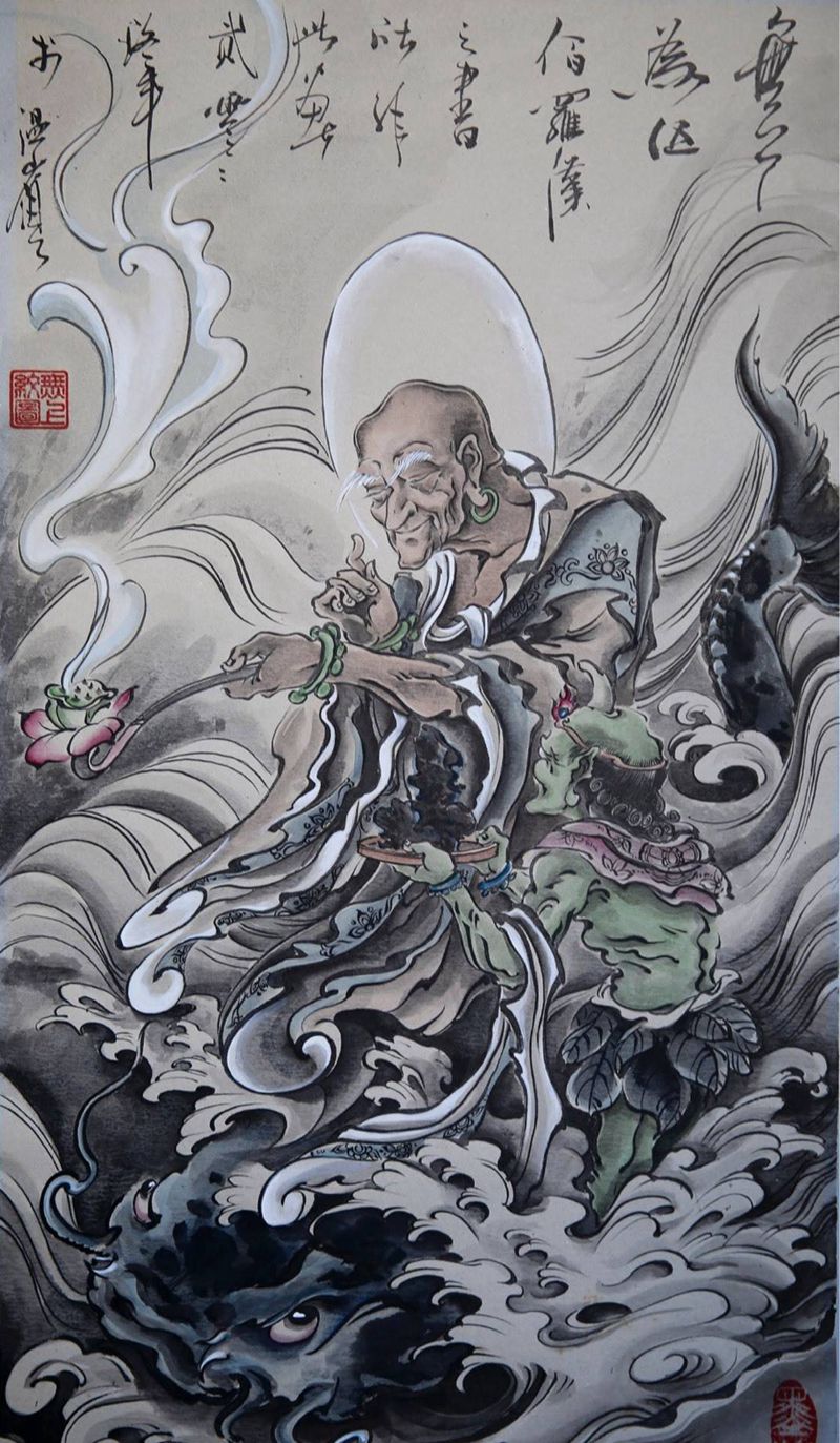 第9期 罗汉过江纹身图片_成品插画传统肖像清新国画原创人物宗教鬼神纹身图案
