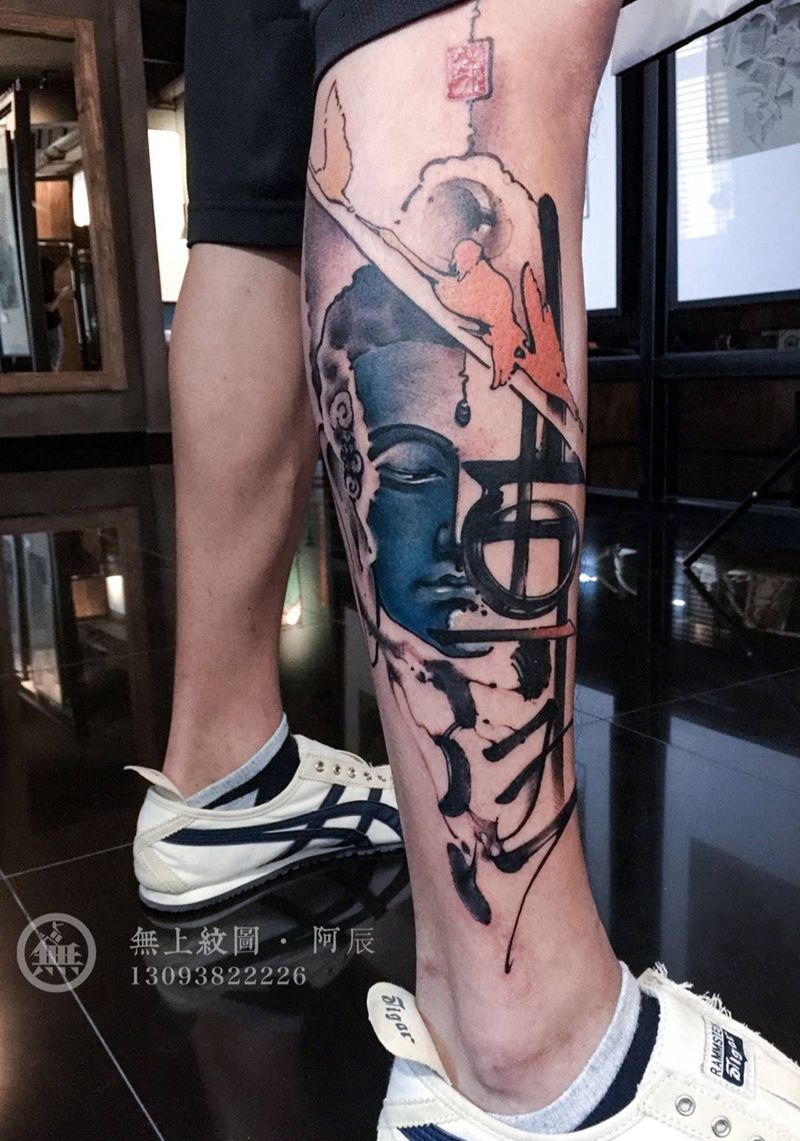 小腿佛纹身图片_成品腿部传统肖像清新人物宗教原创无上纹图字符纹身图案