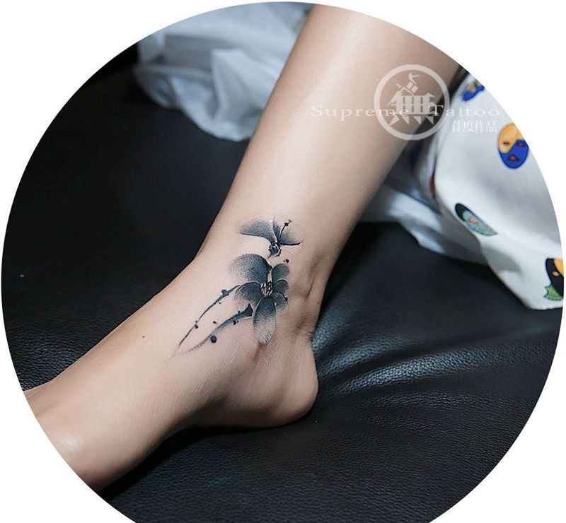 水墨花遮盖纹身图片_成品脚部清新传统植物图腾无上纹图培训手稿纹身图案