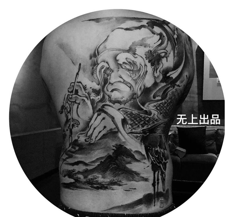 《澄怀观道 卧以游之》纹身图片_背部传统国画原创人物动物无上纹图水墨纹身图案