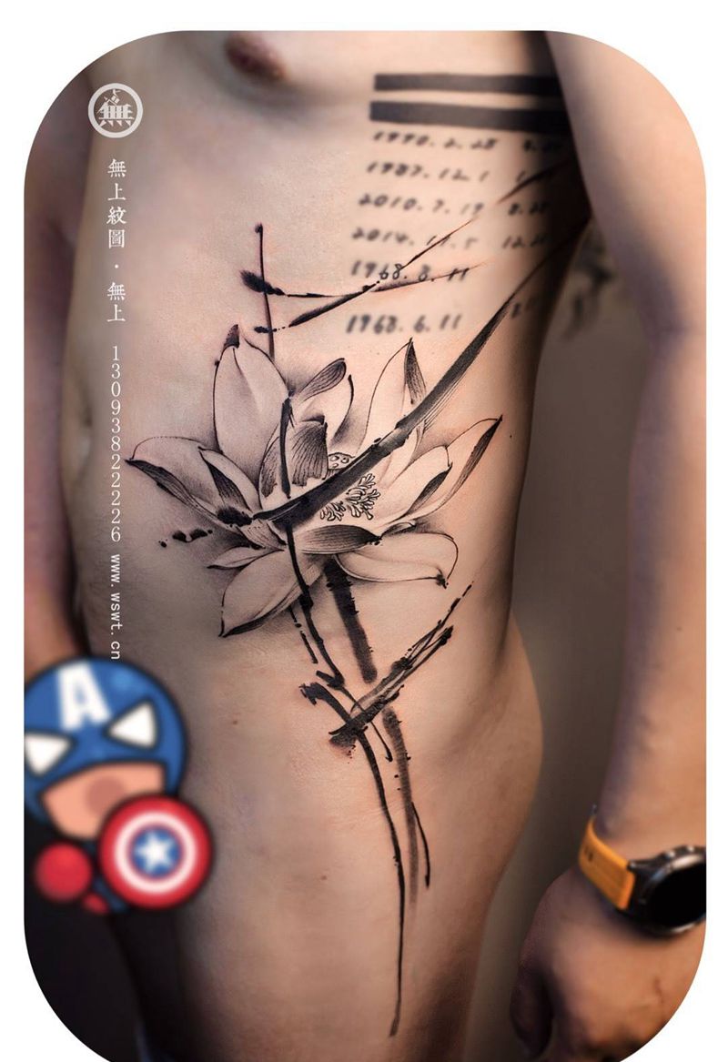 墨荷纹身图片_成品腹部腰部国画植物原创莲花水墨纹身图案
