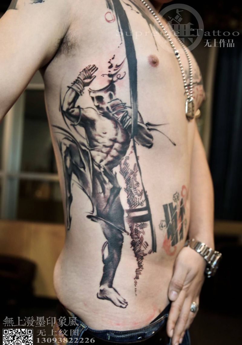 泰国播求纹身图片_成品腰部肖像清新人物原创插画纹身图案