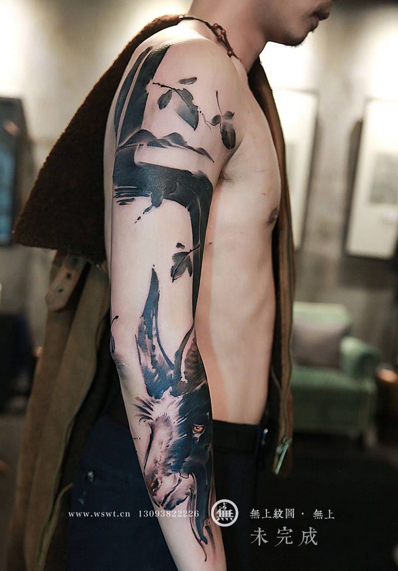 书法花臂未完成纹身图片_成品手臂传统清新字符动物原创无上纹图水墨书法纹身图案