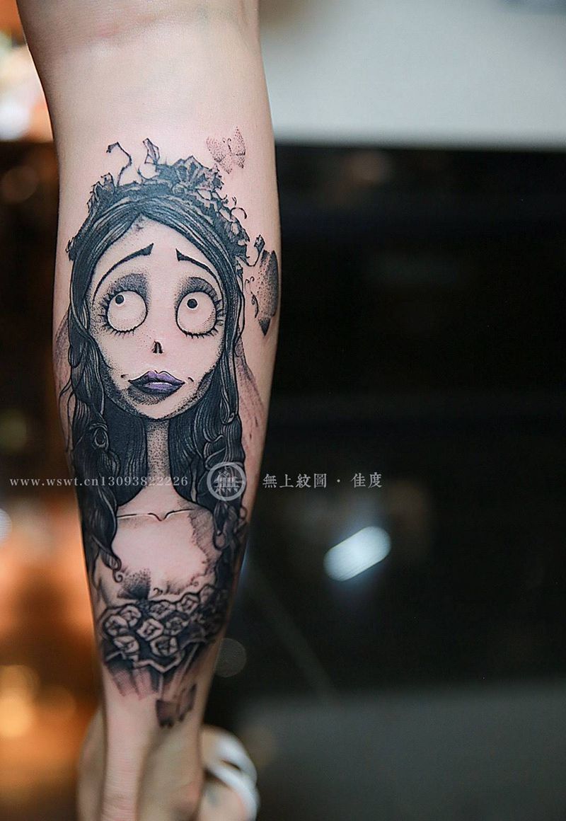 僵尸新娘纹身图片_成品腿部欧美清新人物鬼神无上纹图招生手稿培训纹身图案