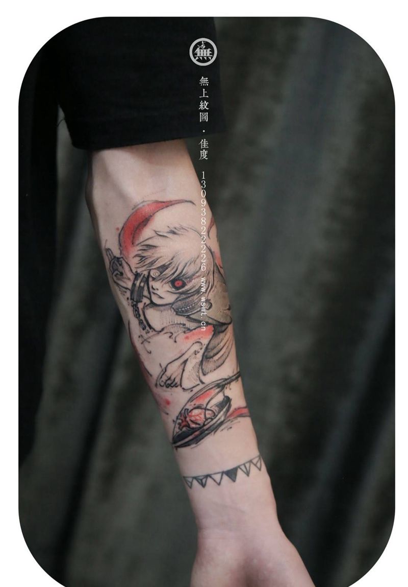 手臂动漫人物纹身图片_成品手臂肖像清新原创鬼神无上纹图纹身图案