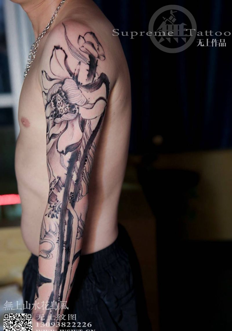 水墨花臂纹身图片_成品手臂传统清新国画原创植物动物无上纹图生活纹身图案