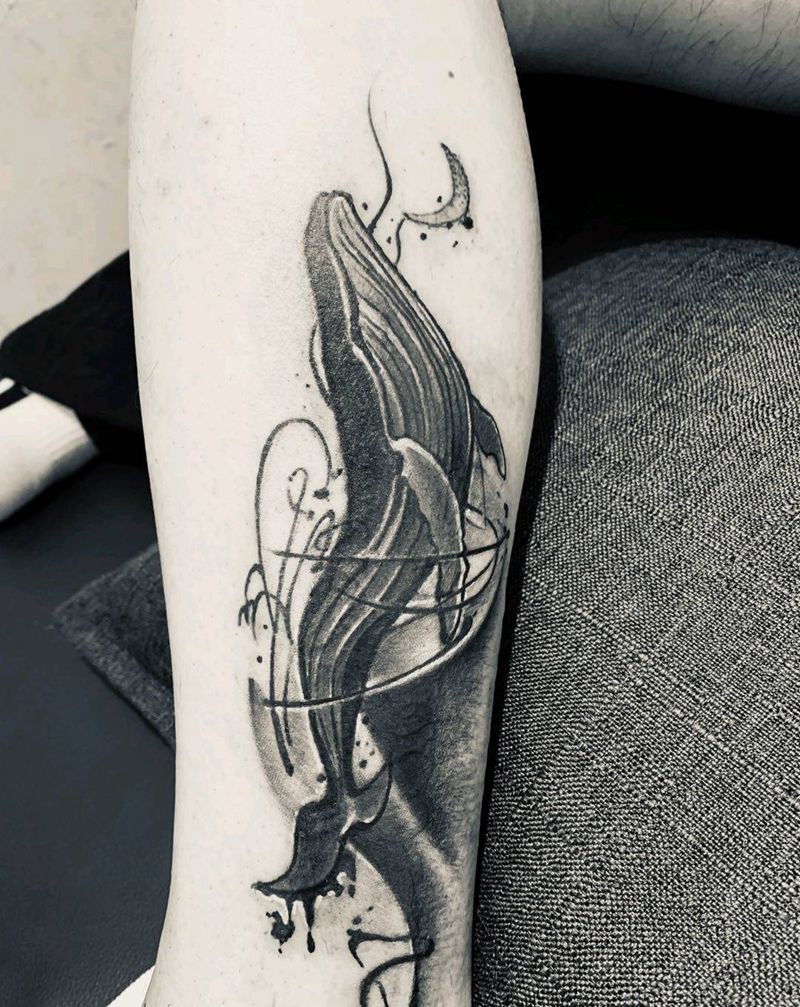 遮盖英文字母纹身图片_腿部水墨纹身图案