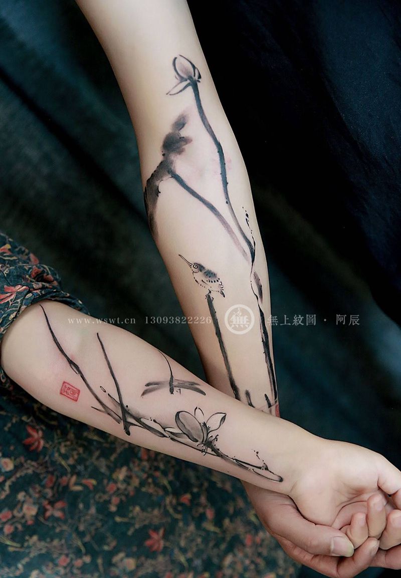 情侣水墨纹身纹身图片_成品手臂传统清新植物图腾无上纹图招生国画纹身图案