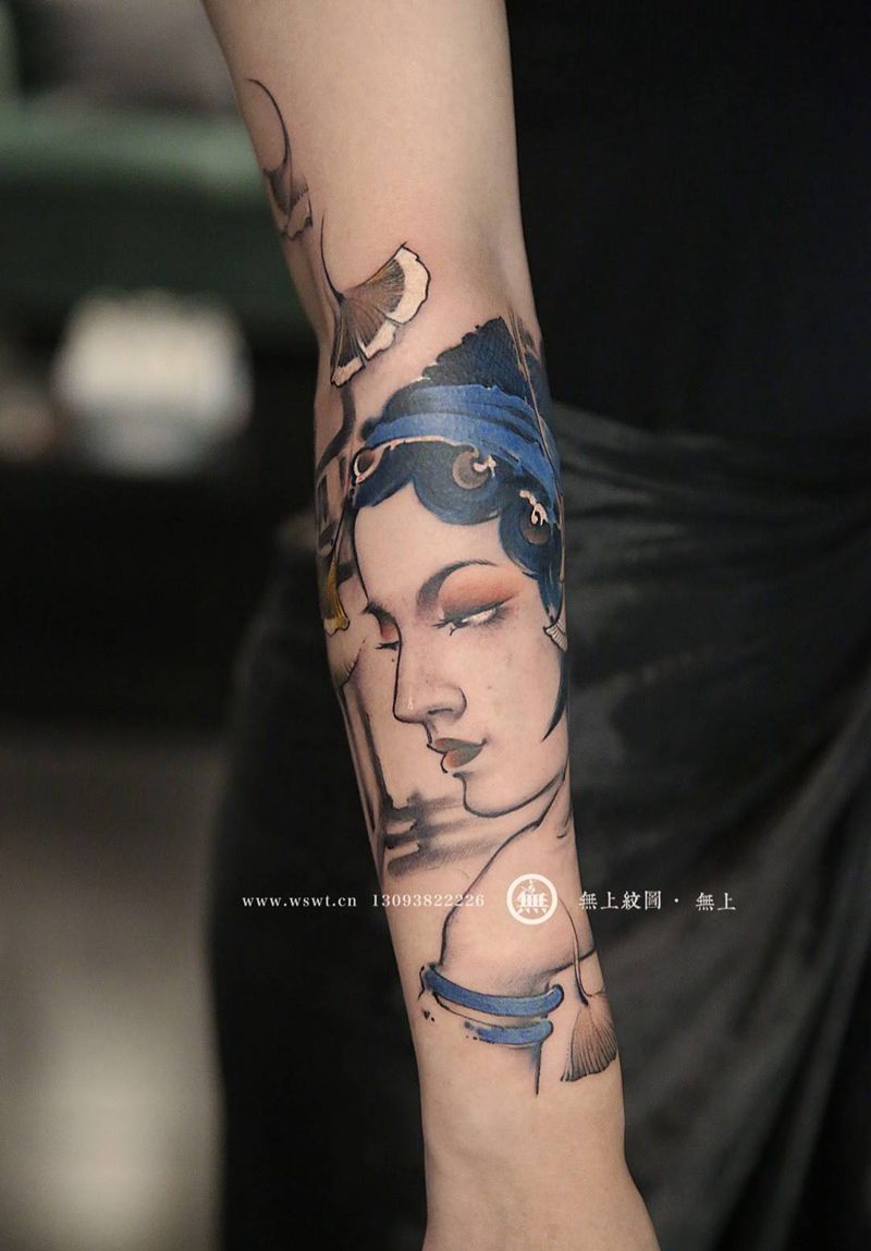 花旦纹身图片_成品手臂习俗传统人物无上纹图培训手稿书法水墨纹身图案