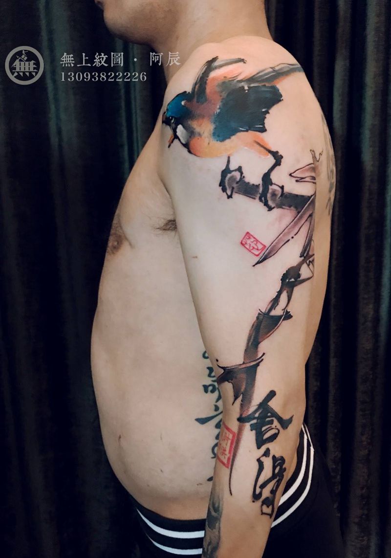 中国风花臂纹身图片_成品手臂传统清新植物动物原创无上纹图招生纹身图案