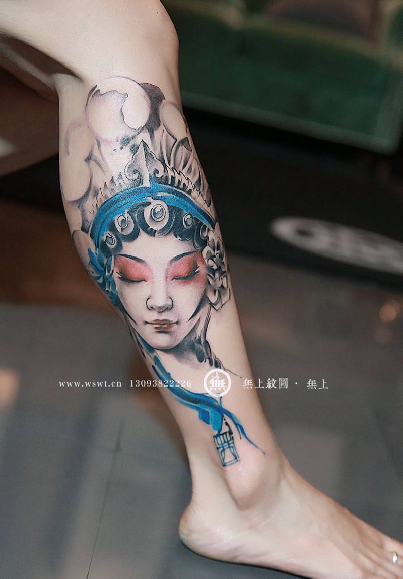 花旦纹身纹身图片_成品腿部清新肖像人物原创无上纹图招生培训纹身图案