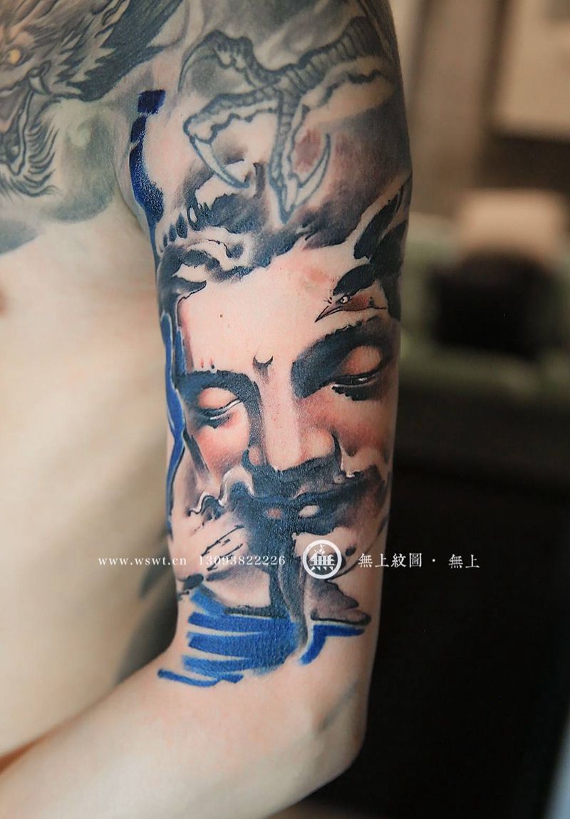 手臂菩萨纹身图片_成品手臂传统肖像清新人物宗教原创无上纹图水墨纹身图案