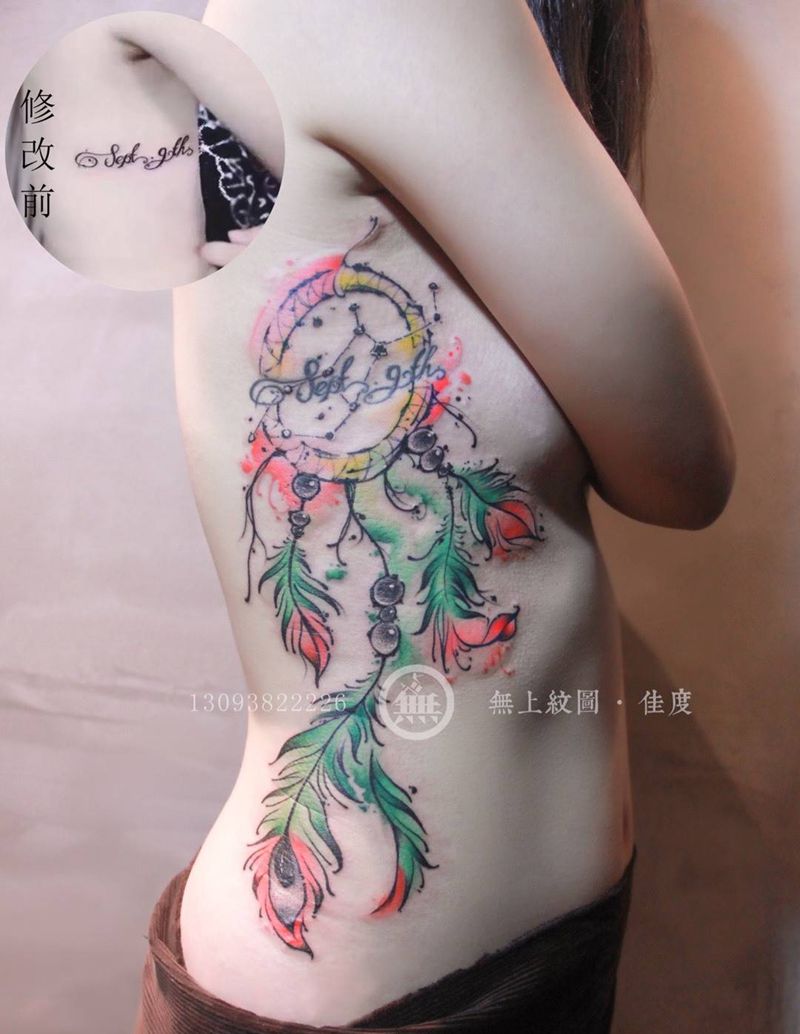 捕梦网纹身纹身图片_成品腰部欧美清新静物图腾原创无上纹图手稿纹身图案