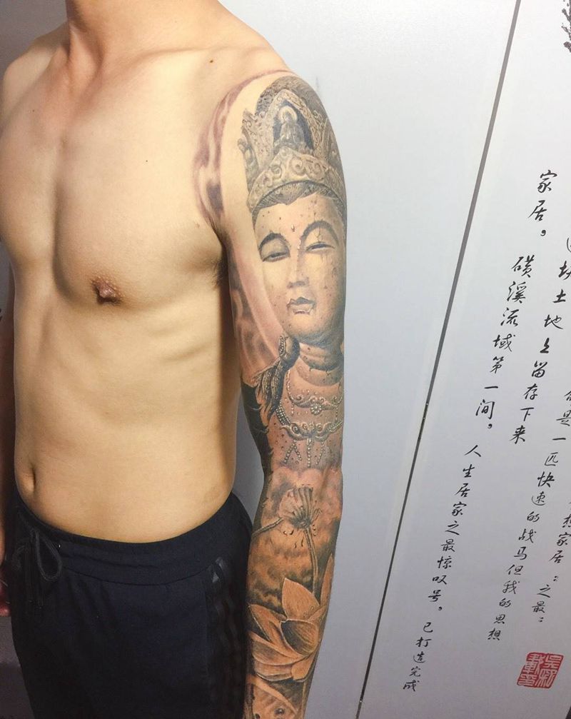 中国风花臂纹身图片_成品手臂传统写实人物鬼神宗教纹身图案