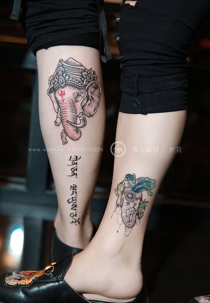 情侣纹身象神纹身图片_成品腿部欧美清新图腾宗教无上纹图招生纹身图案