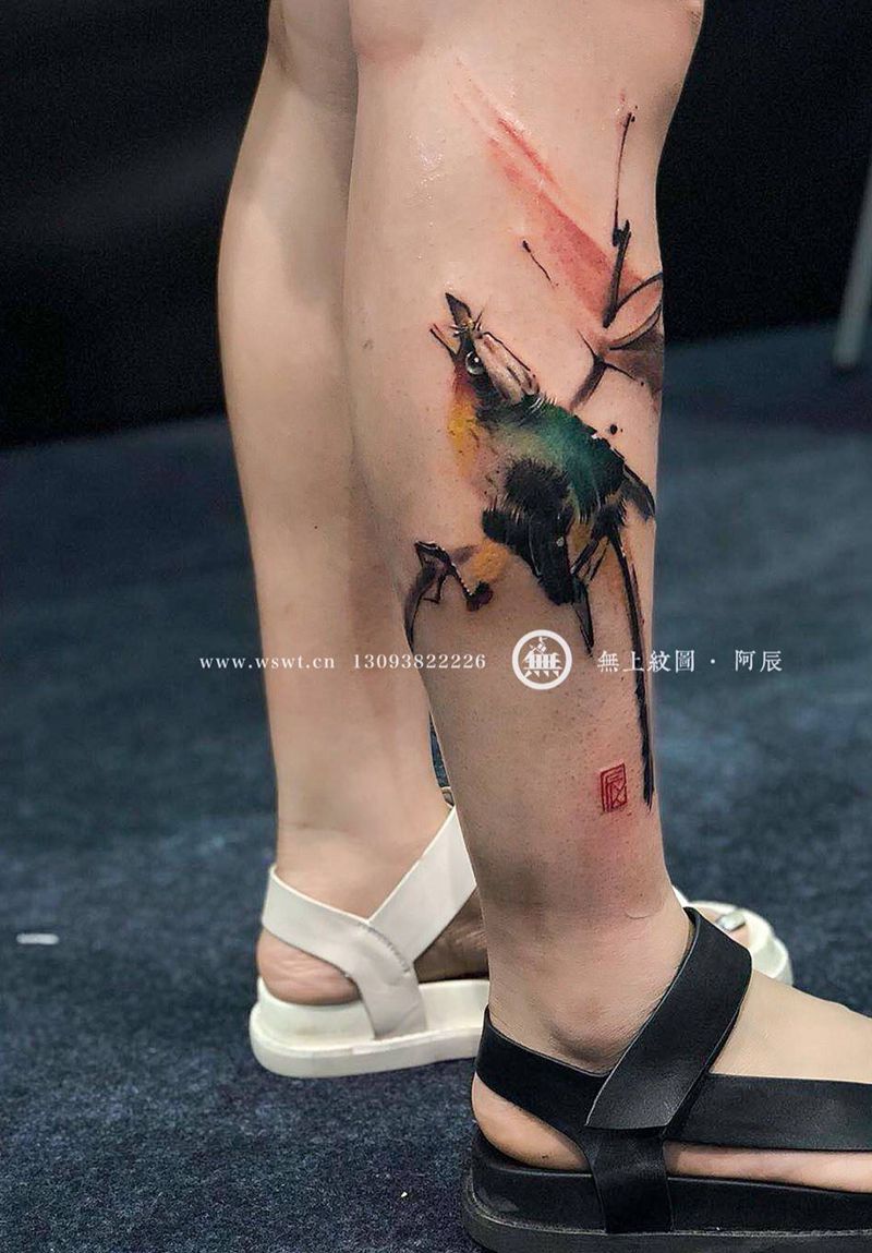 水墨花鸟纹身纹身图片_成品腿部传统原创动物植物无上纹图水墨纹身图案