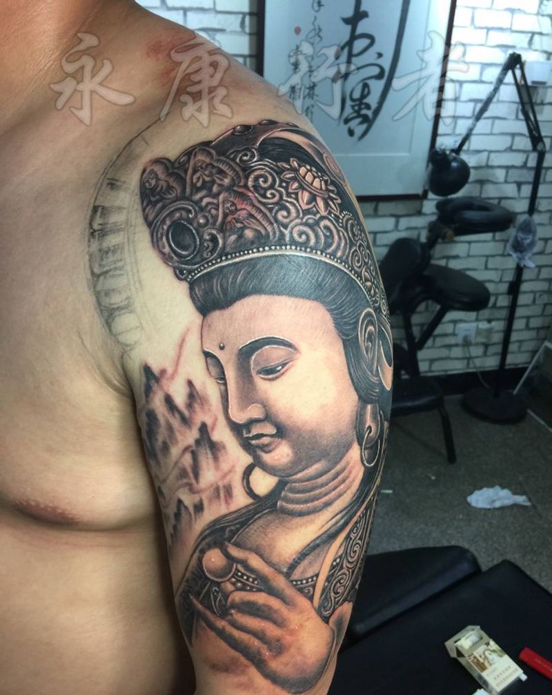 菩萨纹身图片_成品手臂写实人物宗教纹身图案