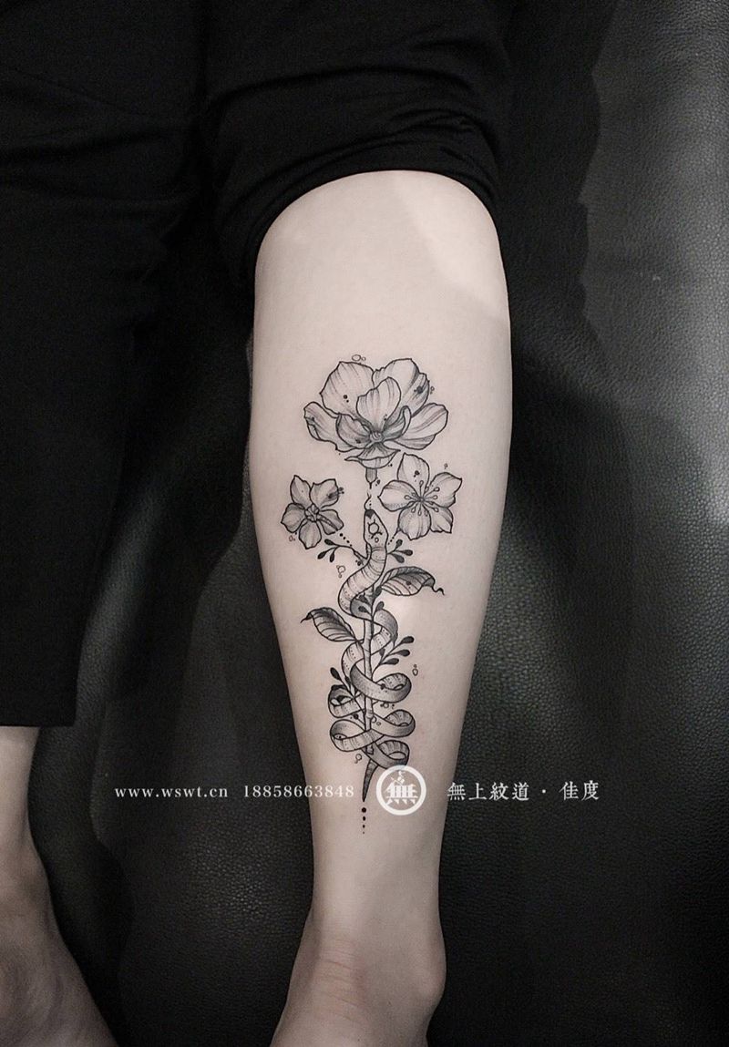 欧美风格纹身纹身图片_成品腿部欧美植物静物图腾无上纹图纹身图案