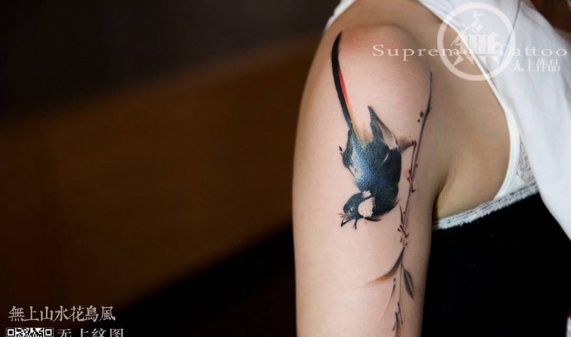 喜鹊遮盖红胎记纹身图片_成品手臂传统肖像清新动物原创无上纹图生活招生纹身图案