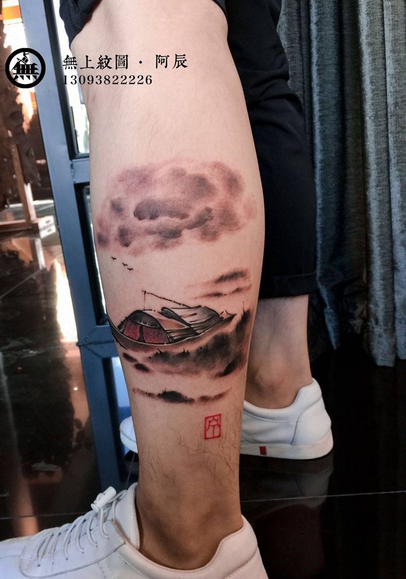 山水画纹身图片_成品腿部传统清新国画人物静物图腾无上纹图招生纹身图案