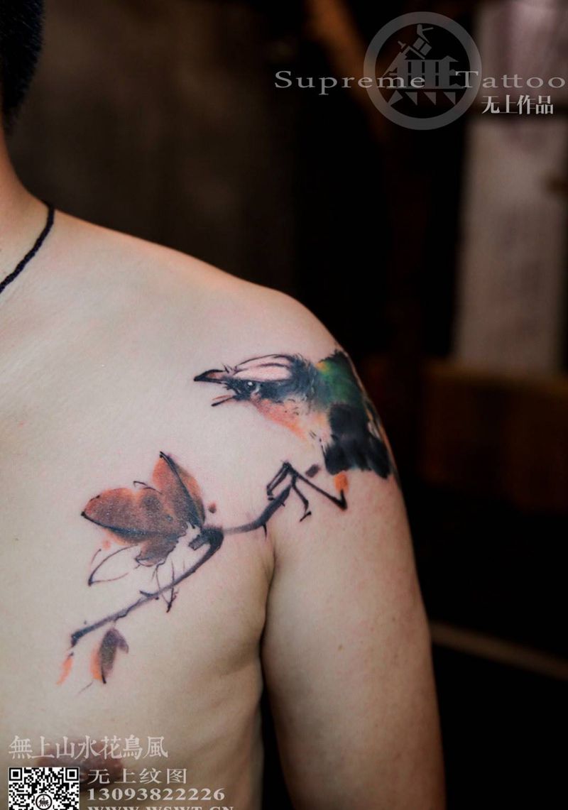 肩部喜鹊纹身图片_成品肩部传统清新动物植物原创图腾无上纹图生活纹身图案