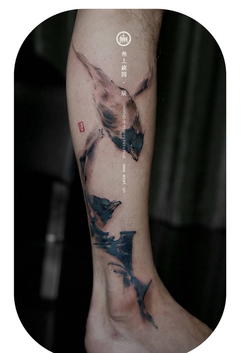 小腿 水墨鸟纹身图片_成品腿部传统动物无上纹图水墨纹身图案
