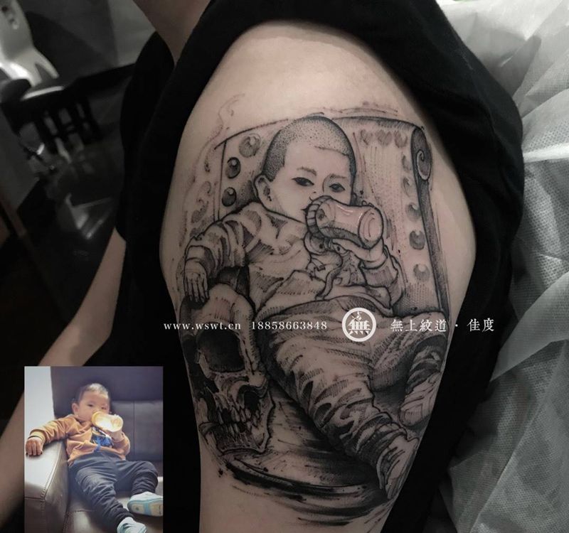 照片设计纹身纹身图片_成品手臂欧美人物无上纹图纹身图案