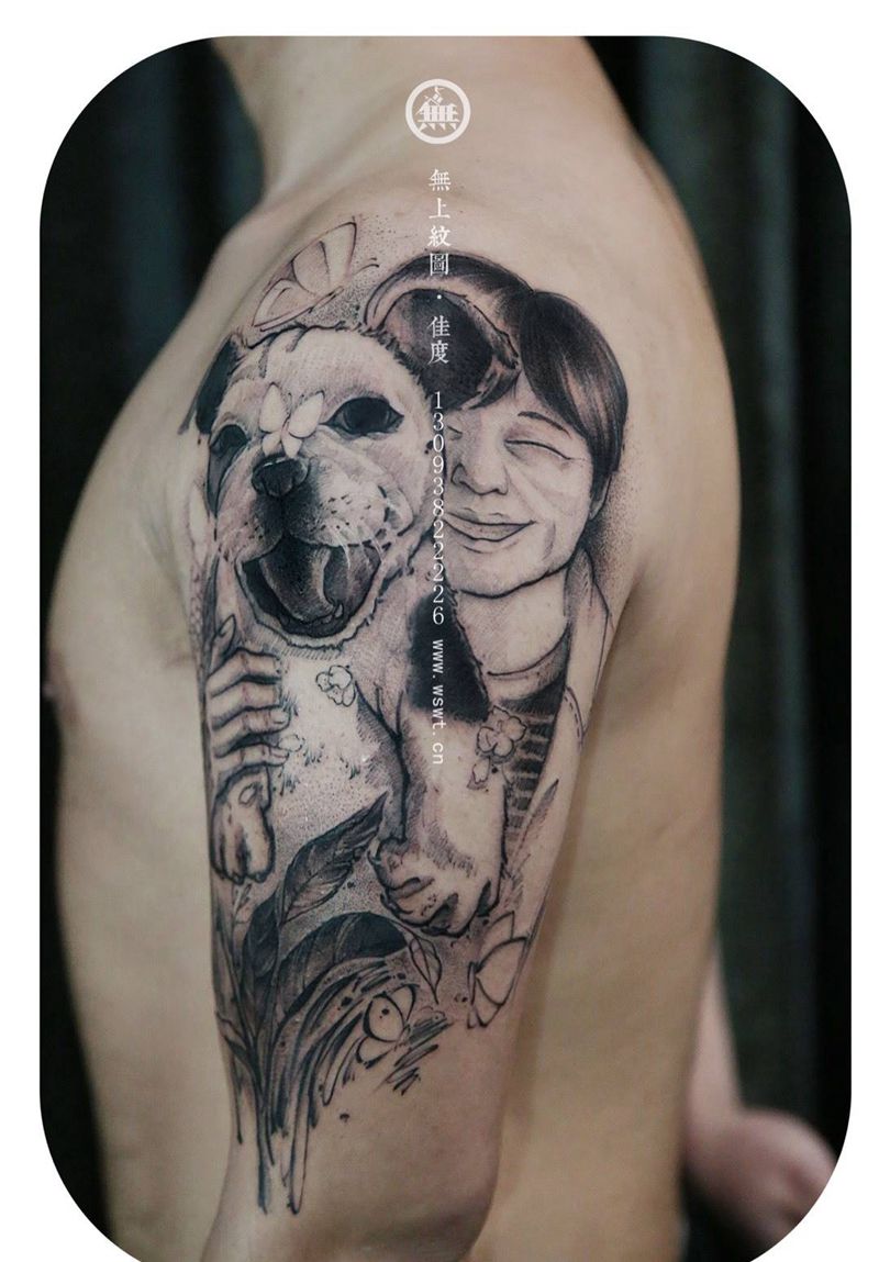 手臂狗狗纹身图片_成品手臂欧美动物人物无上纹图纹身图案