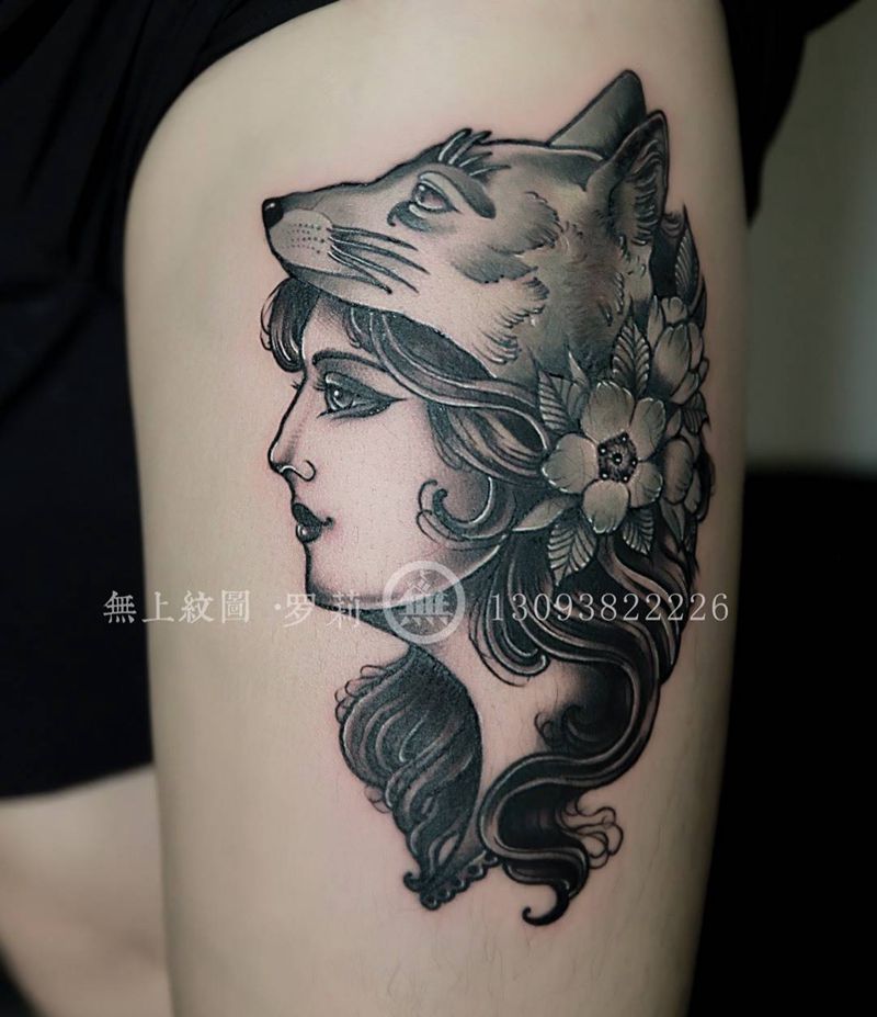 狼女遮盖纹身图片_成品腿部欧美肖像人物图腾动物无上纹图招生手稿纹身图案