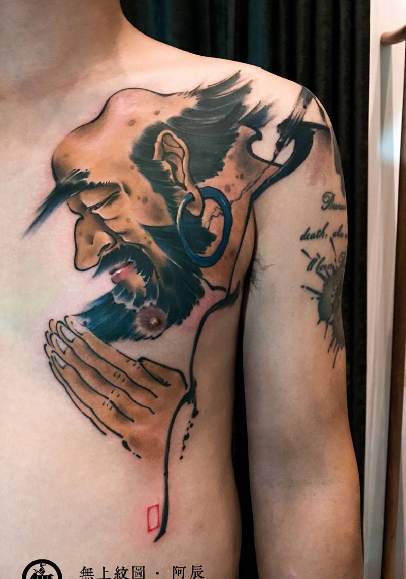 胸前古代人物纹身图片_成品胸部传统肖像清新人物原创无上纹图招生纹身图案